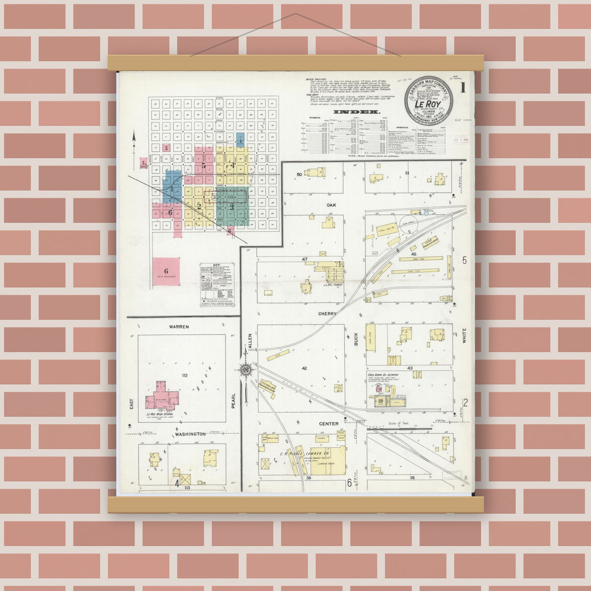 Old map wall art mockup — magnetic wood frame on brick wall — Sanborn Fire Insurance Map from Leroy, McLean County, Illinois (1911) - Complete Map Set