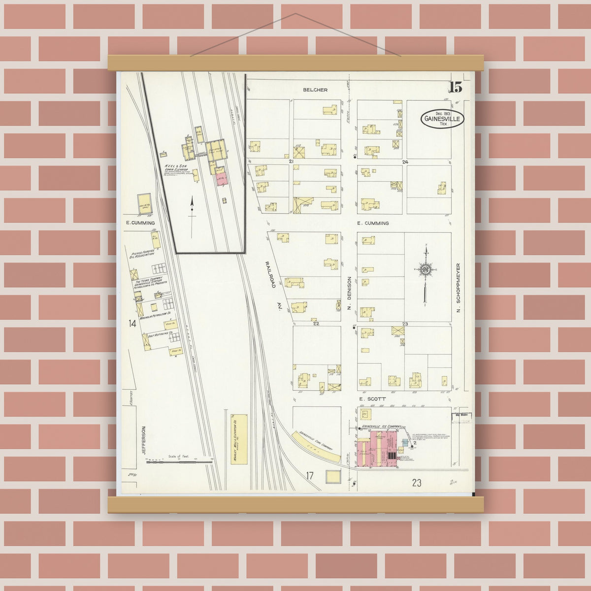 Old map wall art mockup — magnetic wood frame on brick wall — Sanborn Fire Insurance Map from Gainesville, Cooke County, Texas (1913), Sheet #0015