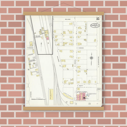 Old map wall art mockup — magnetic wood frame on brick wall — Sanborn Fire Insurance Map from Gainesville, Cooke County, Texas (1913), Sheet #0015