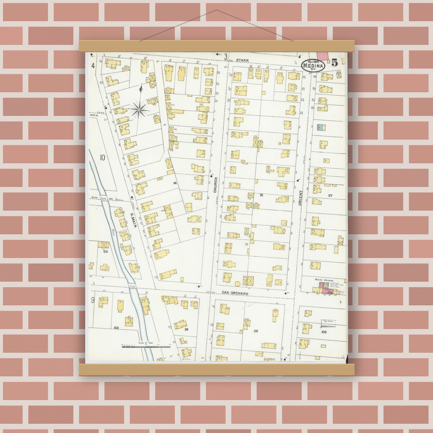 Old map wall art mockup — magnetic wood frame on brick wall — Sanborn Fire Insurance Map from Medina, Orleans County, New York (1904), Sheet #0005