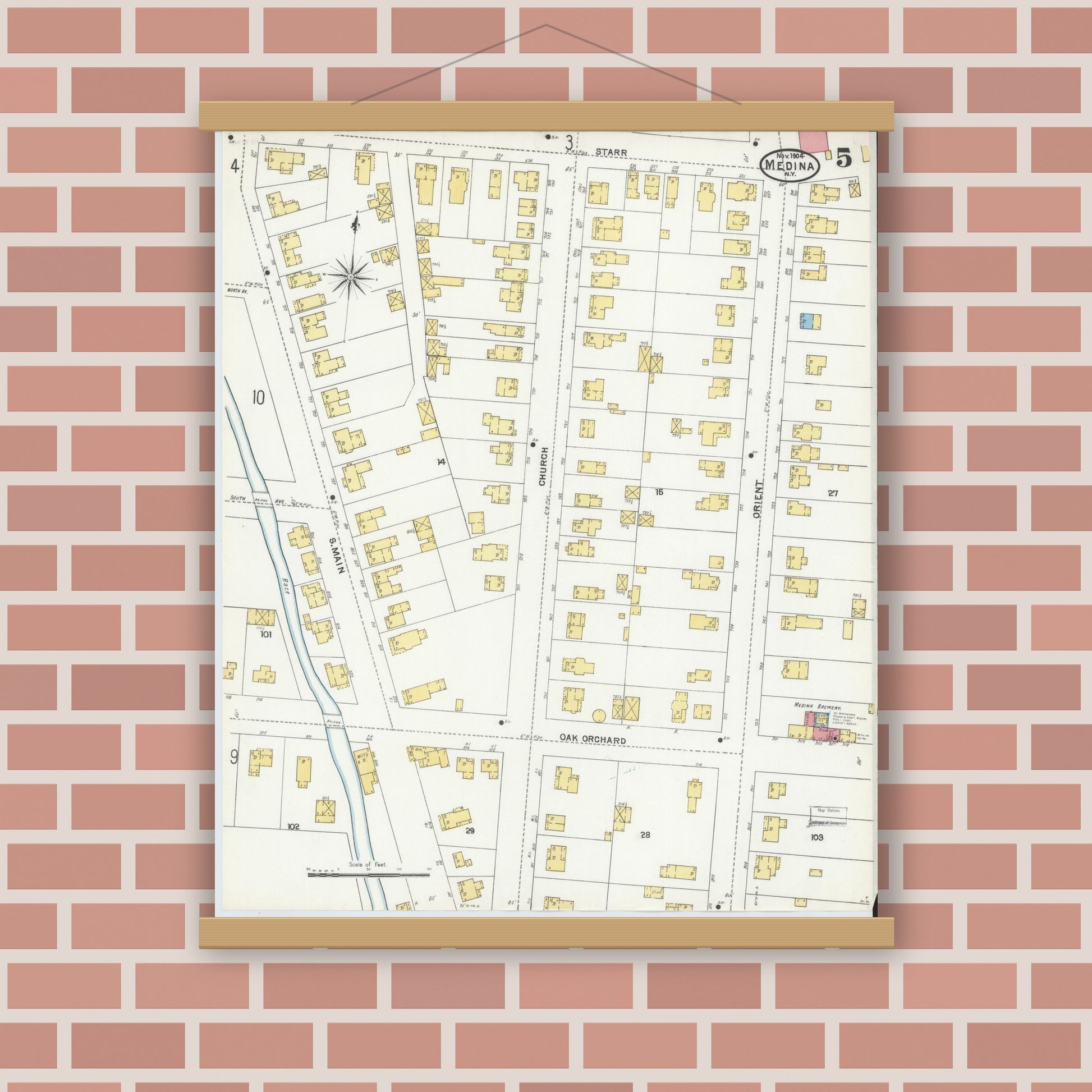 Old map wall art mockup — magnetic wood frame on brick wall — Sanborn Fire Insurance Map from Medina, Orleans County, New York (1904), Sheet #0005