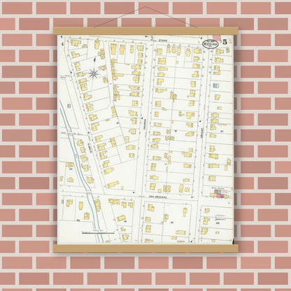 Old map wall art mockup — magnetic wood frame on brick wall — Sanborn Fire Insurance Map from Medina, Orleans County, New York (1904), Sheet #0005