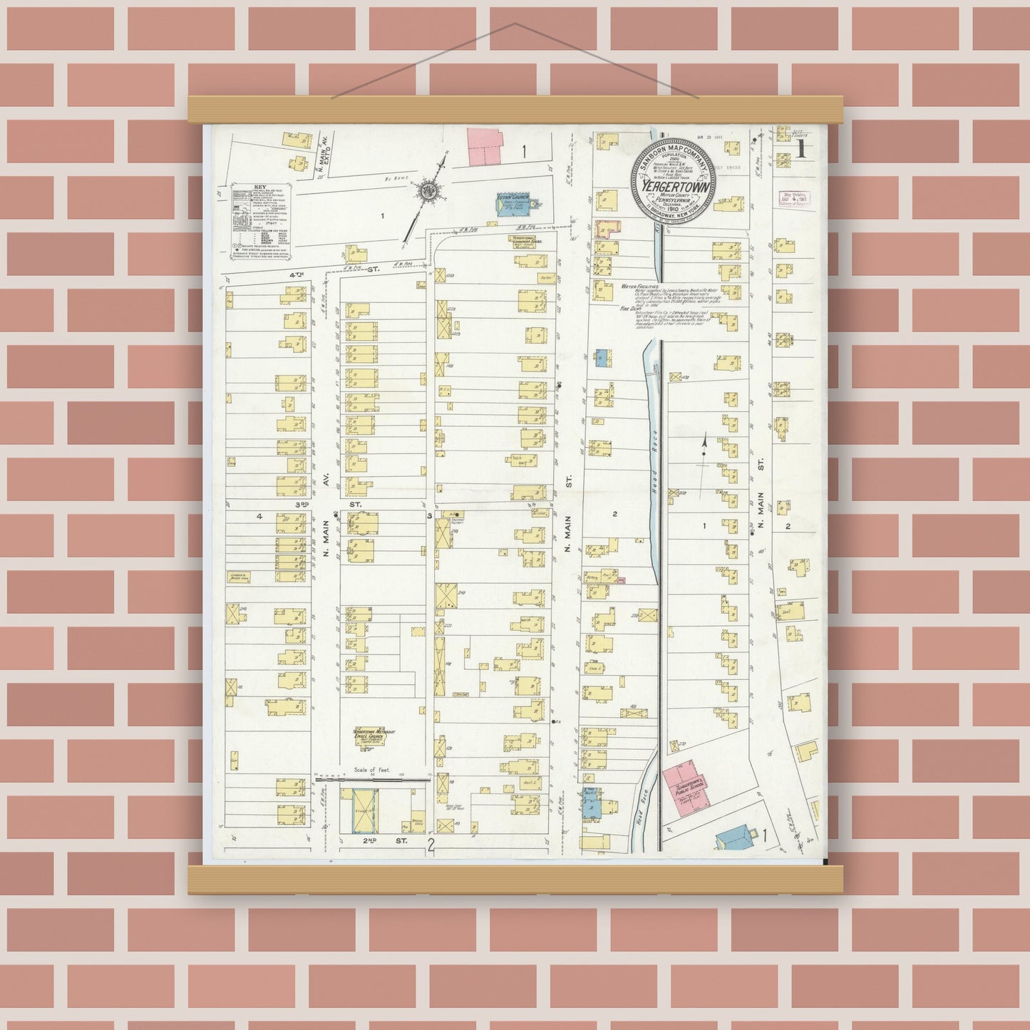 Old map wall art mockup — magnetic wood frame on brick wall — Sanborn Fire Insurance Map from Yeagertown, Mifflin County, Pennsylvania (1910), Sheet #0001
