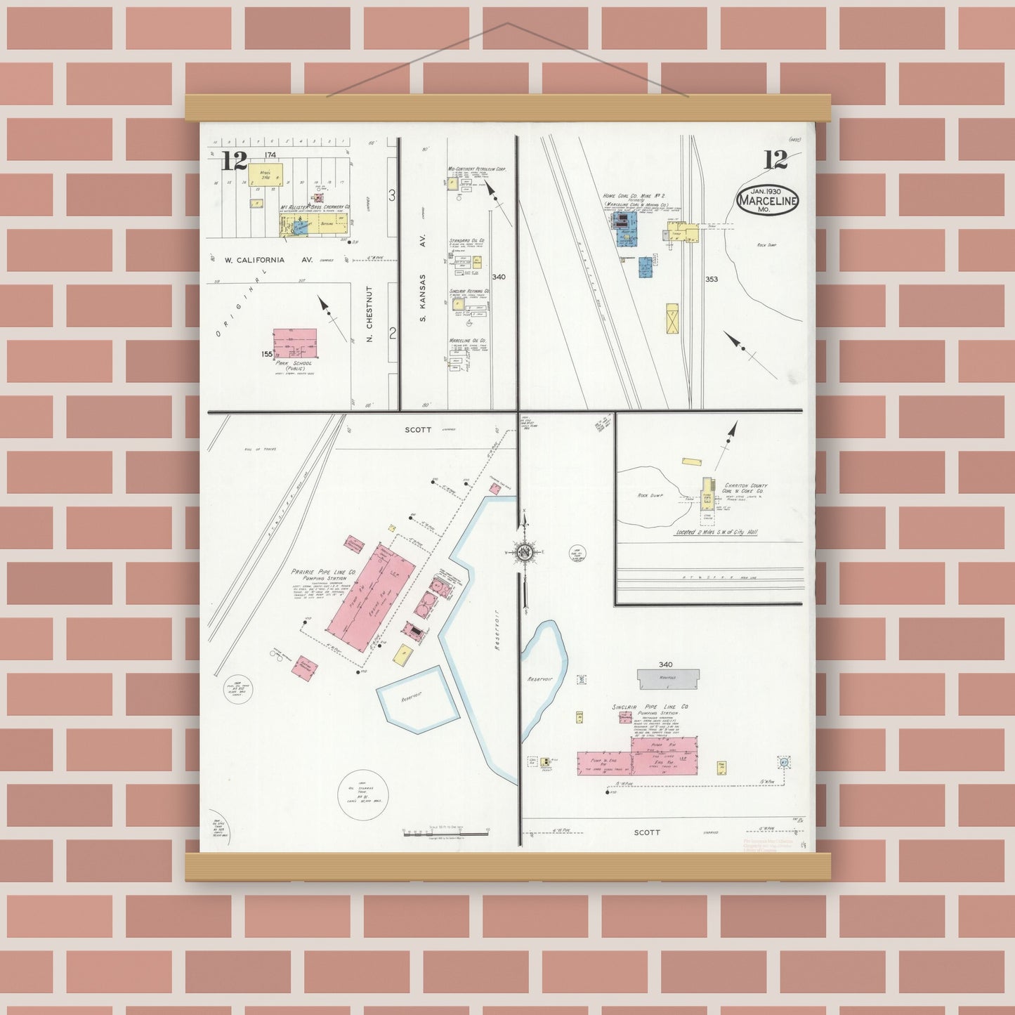Old map wall art mockup — magnetic wood frame on brick wall — Sanborn Fire Insurance Map from Marceline, Linn County, Missouri (1930), Sheet #0012
