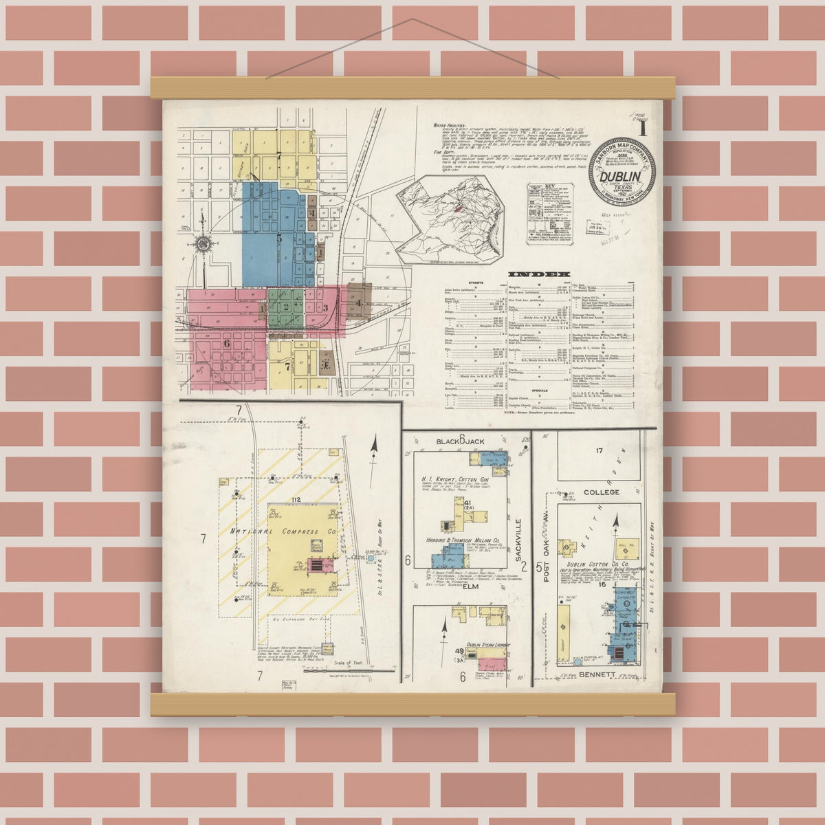 Old map wall art mockup — magnetic wood frame on brick wall — Sanborn Fire Insurance Map from Dublin, Erath County, Texas (1921), Sheet #0001