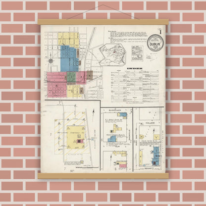Old map wall art mockup — magnetic wood frame on brick wall — Sanborn Fire Insurance Map from Dublin, Erath County, Texas (1921), Sheet #0001