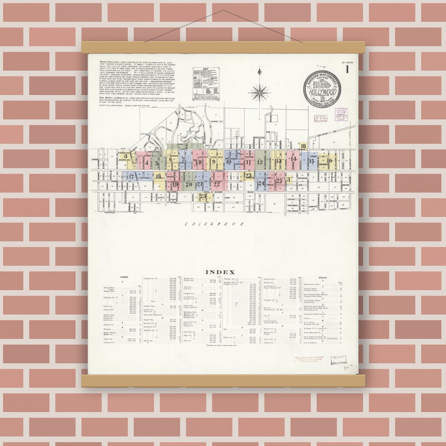 Old map wall art mockup — magnetic wood frame on brick wall — Sanborn Fire Insurance Map from Hollywood, Los Angeles County, California (1907) - Complete Map Set
