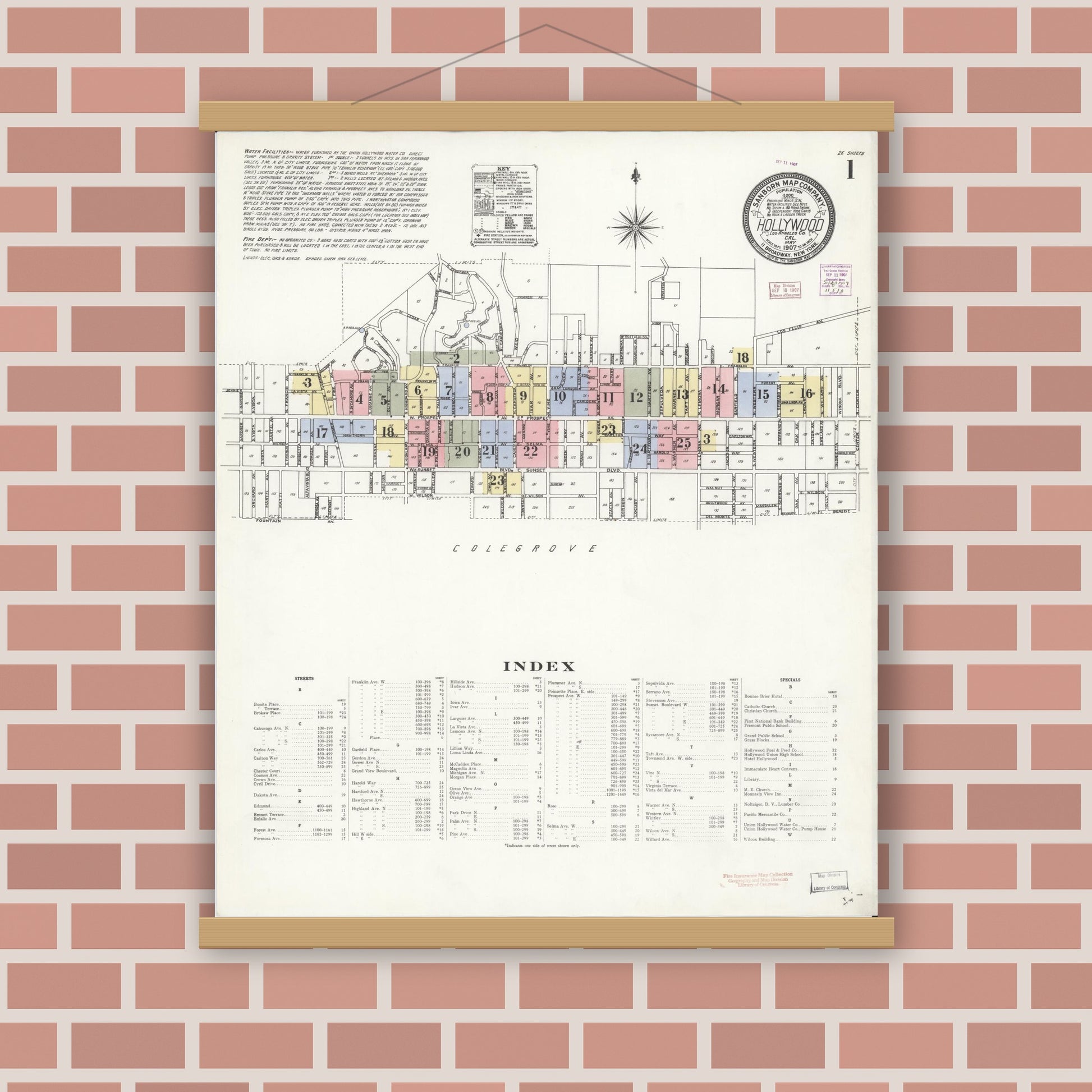Old map wall art mockup — magnetic wood frame on brick wall — Sanborn Fire Insurance Map from Hollywood, Los Angeles County, California (1907) - Complete Map Set