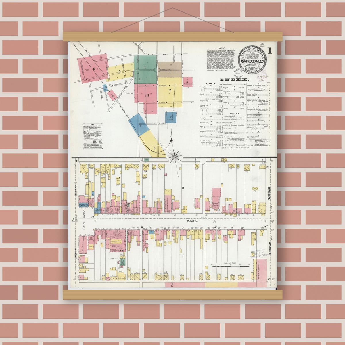 Old map wall art mockup — magnetic wood frame on brick wall — Sanborn Fire Insurance Map from Waynesboro, Franklin County, Pennsylvania (1902), Sheet #0001