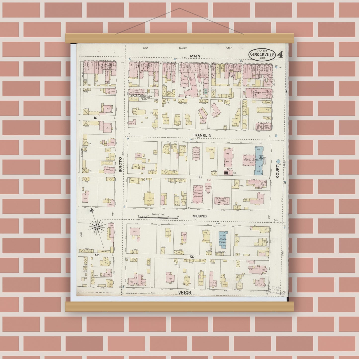 Old map wall art mockup — magnetic wood frame on brick wall — Sanborn Fire Insurance Map from Circleville, Pickaway County, Ohio (1889), Sheet #0004