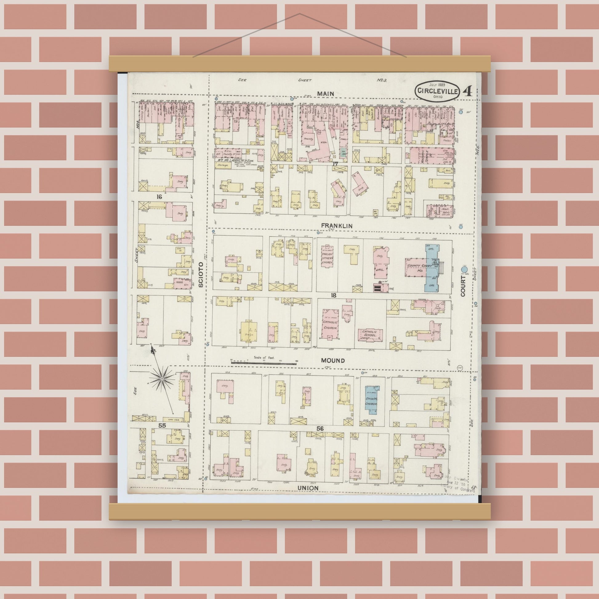 Old map wall art mockup — magnetic wood frame on brick wall — Sanborn Fire Insurance Map from Circleville, Pickaway County, Ohio (1889), Sheet #0004