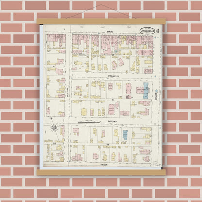 Old map wall art mockup — magnetic wood frame on brick wall — Sanborn Fire Insurance Map from Circleville, Pickaway County, Ohio (1889), Sheet #0004