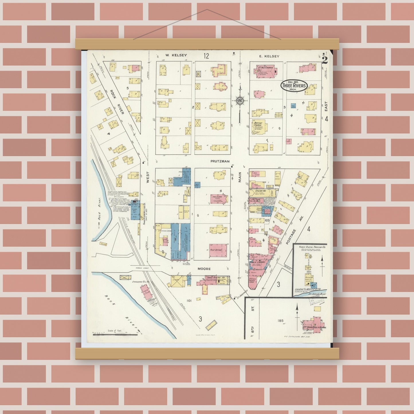 Old map wall art mockup — magnetic wood frame on brick wall — Sanborn Fire Insurance Map from Three Rivers, Saint Joseph County, Michigan (1916), Sheet #0002
