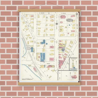 Old map wall art mockup — magnetic wood frame on brick wall — Sanborn Fire Insurance Map from Three Rivers, Saint Joseph County, Michigan (1916), Sheet #0002