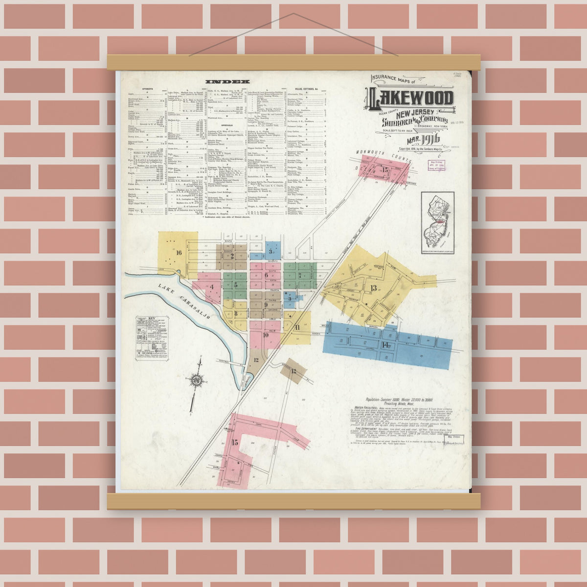 Old map wall art mockup — magnetic wood frame on brick wall — Sanborn Fire Insurance Map from Lakewood, Ocean County, New Jersey (1916), Sheet #0001