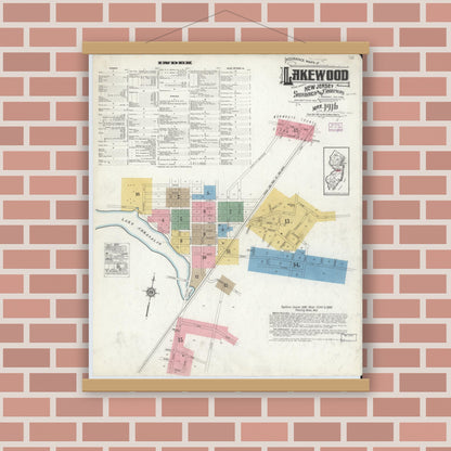 Old map wall art mockup — magnetic wood frame on brick wall — Sanborn Fire Insurance Map from Lakewood, Ocean County, New Jersey (1916), Sheet #0001