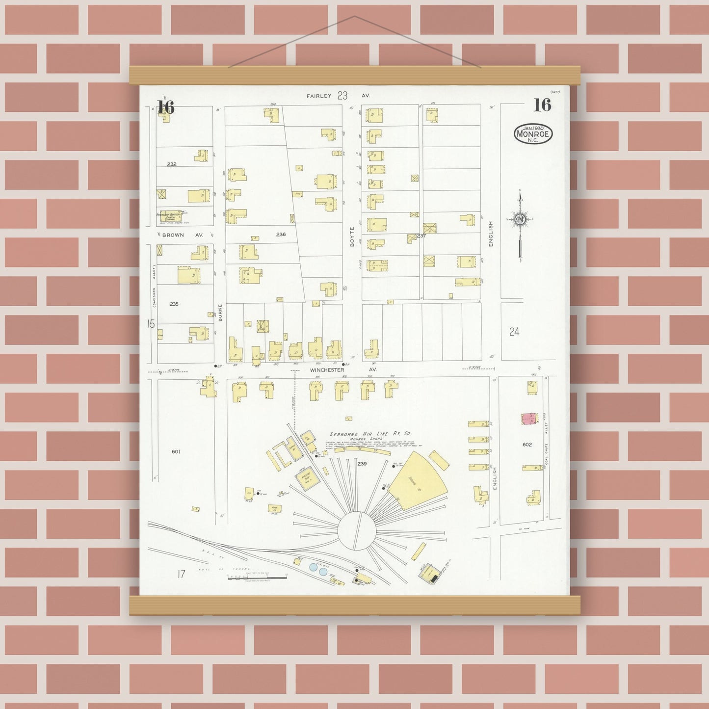 Old map wall art mockup — magnetic wood frame on brick wall — Sanborn Fire Insurance Map from Monroe, Union County, North Carolina (1930), Sheet #0016