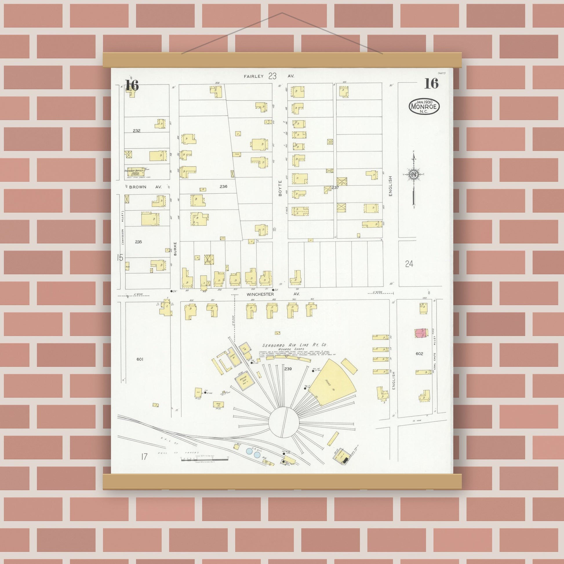 Old map wall art mockup — magnetic wood frame on brick wall — Sanborn Fire Insurance Map from Monroe, Union County, North Carolina (1930), Sheet #0016