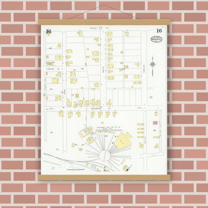 Old map wall art mockup — magnetic wood frame on brick wall — Sanborn Fire Insurance Map from Monroe, Union County, North Carolina (1930), Sheet #0016