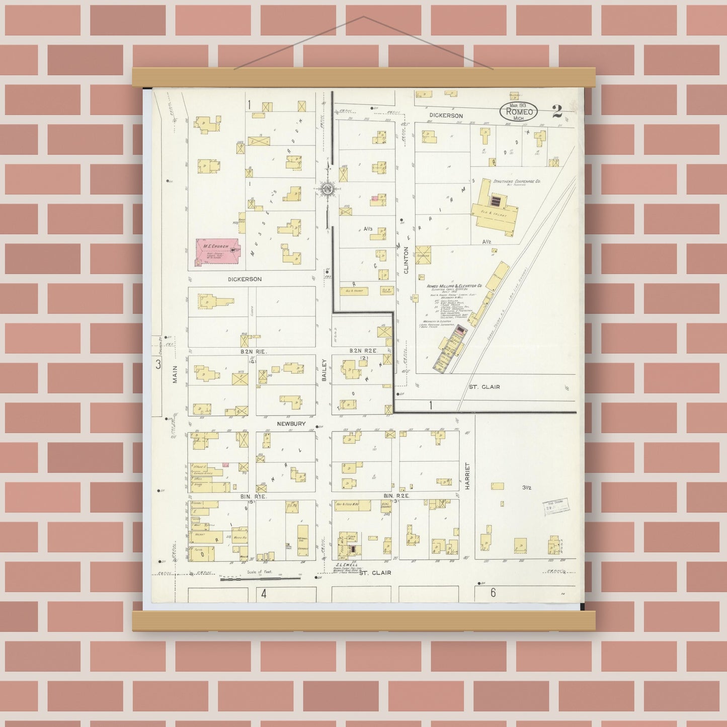 Old map wall art mockup — magnetic wood frame on brick wall — Sanborn Fire Insurance Map from Romeo, Macomb County, Michigan (1913), Sheet #0002