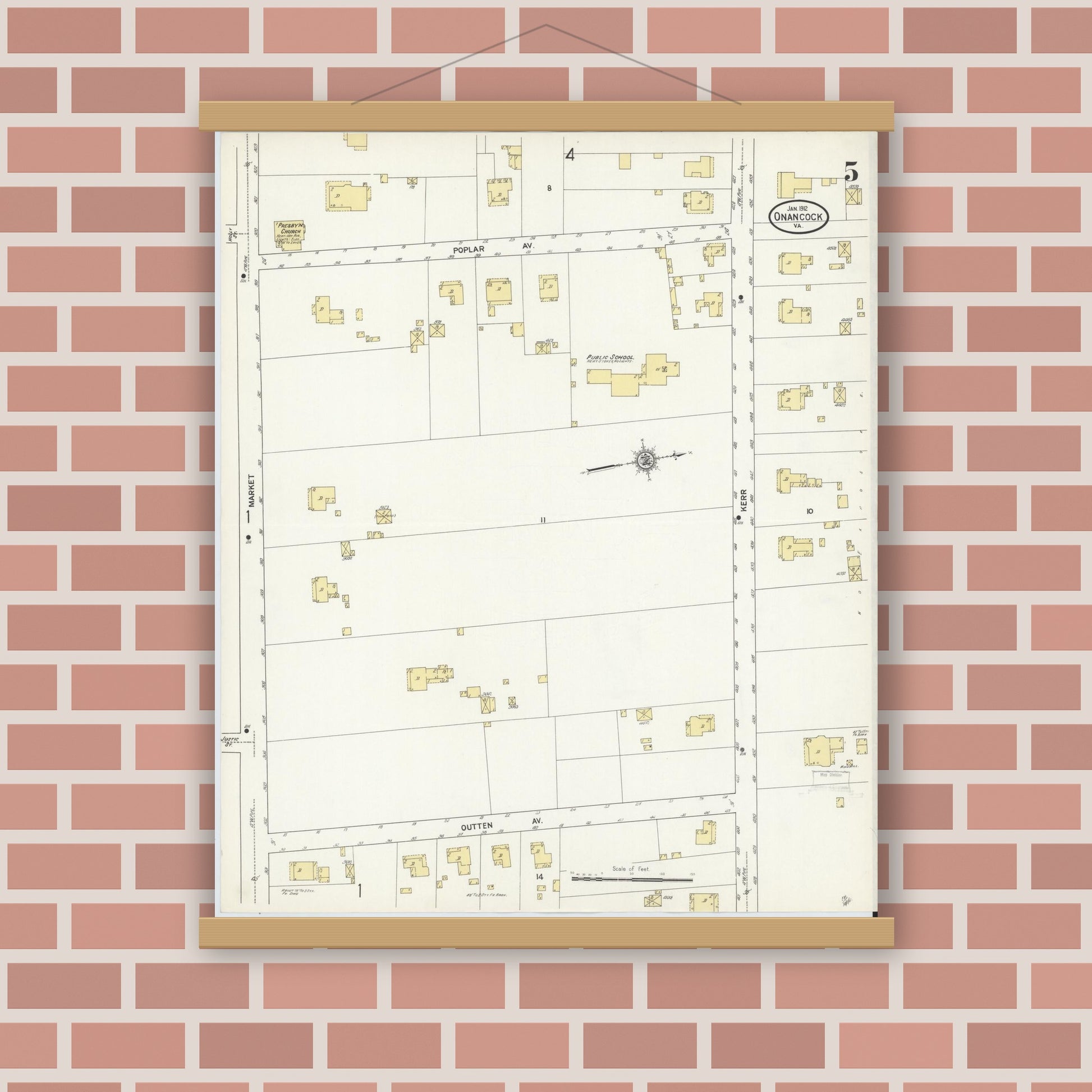 Old map wall art mockup — magnetic wood frame on brick wall — Sanborn Fire Insurance Map from Onancock, Accomack County, Virginia (1912), Sheet #0005