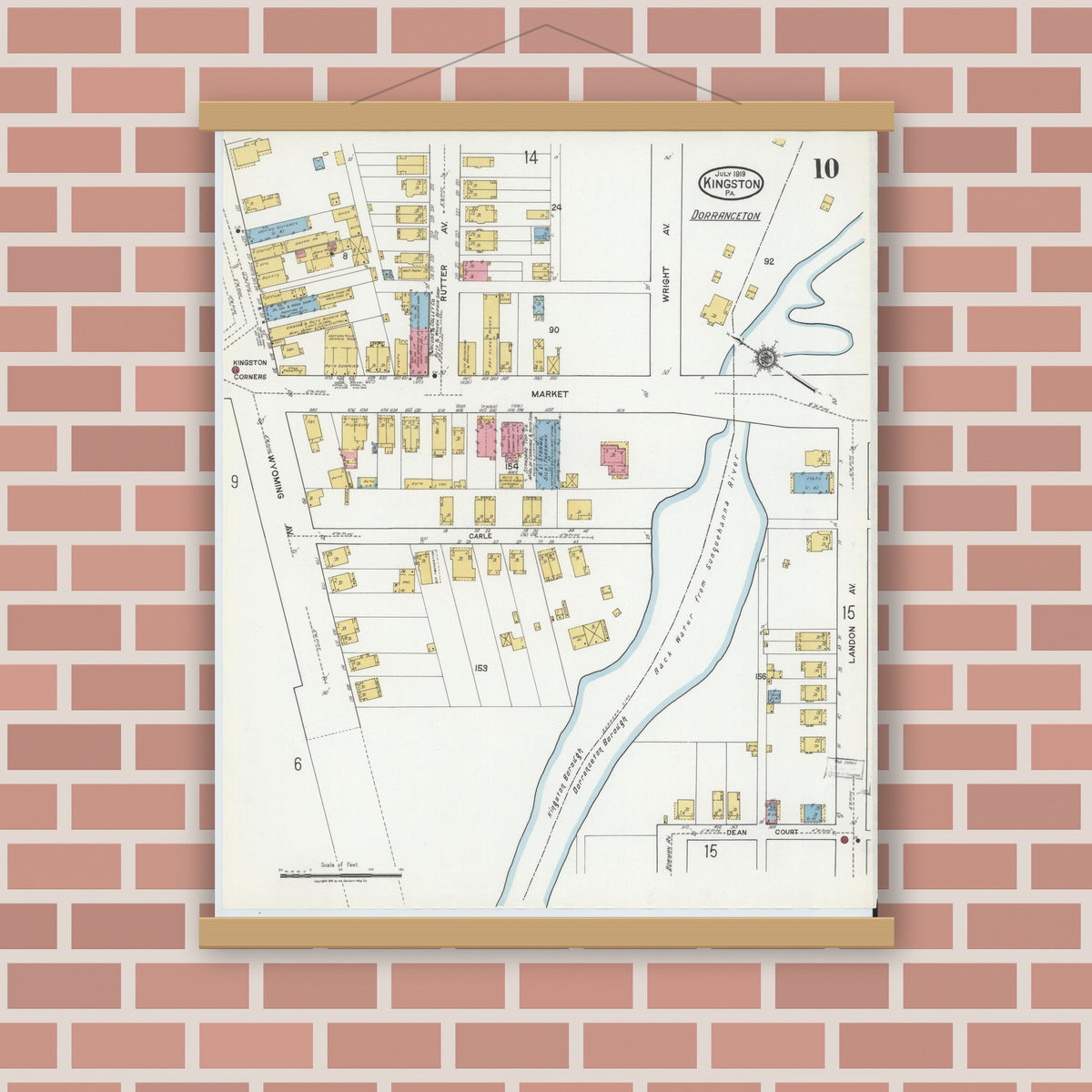 Old map wall art mockup — magnetic wood frame on brick wall — Sanborn Fire Insurance Map from Kingston, Luzerne County, Pennsylvania (1919), Sheet #0010