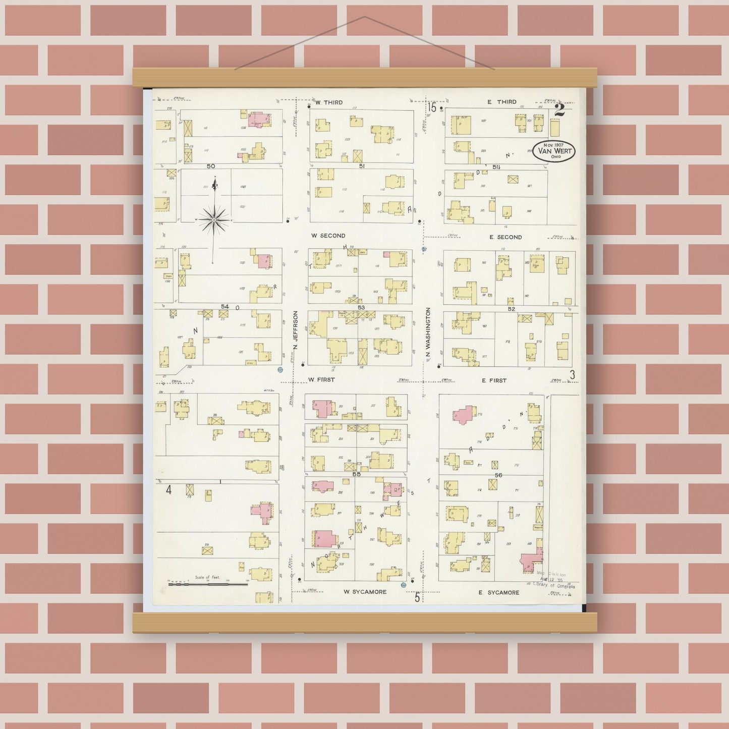 Old map wall art mockup — magnetic wood frame on brick wall — Sanborn Fire Insurance Map from Van Wert, Van Wert County, Ohio (1907), Sheet #0002