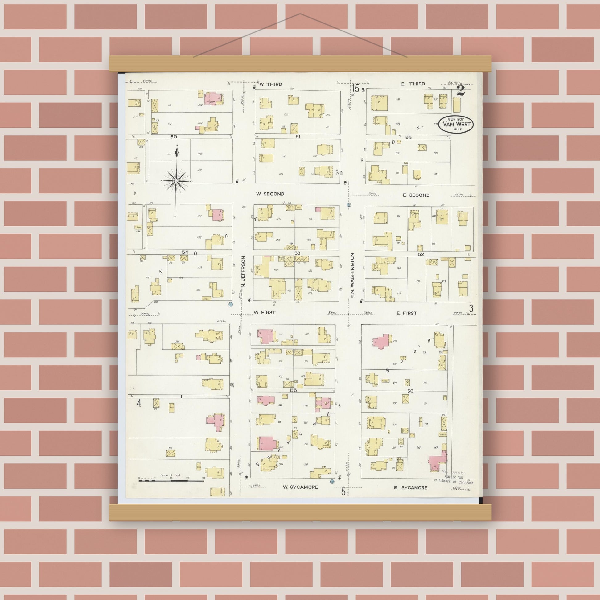 Old map wall art mockup — magnetic wood frame on brick wall — Sanborn Fire Insurance Map from Van Wert, Van Wert County, Ohio (1907), Sheet #0002