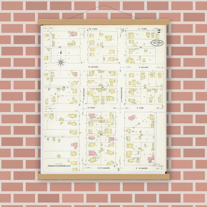 Old map wall art mockup — magnetic wood frame on brick wall — Sanborn Fire Insurance Map from Van Wert, Van Wert County, Ohio (1907), Sheet #0002