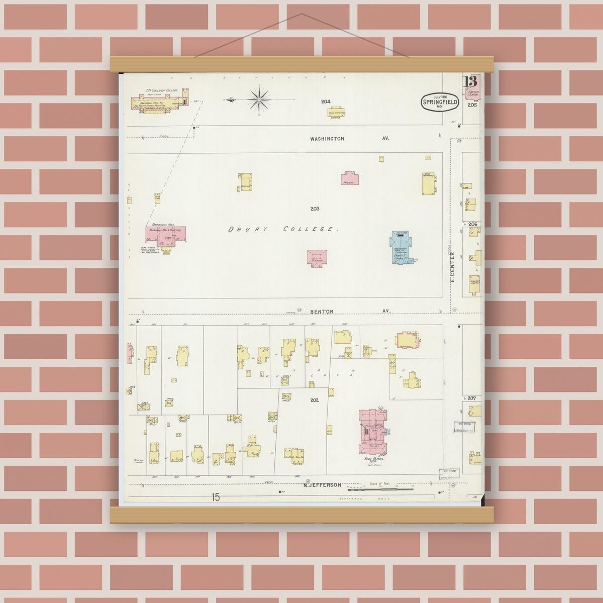 Old map wall art mockup — magnetic wood frame on brick wall — Sanborn Fire Insurance Map from Springfield, Greene County, Missouri (1896), Sheet #0013