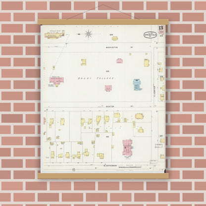 Old map wall art mockup — magnetic wood frame on brick wall — Sanborn Fire Insurance Map from Springfield, Greene County, Missouri (1896), Sheet #0013