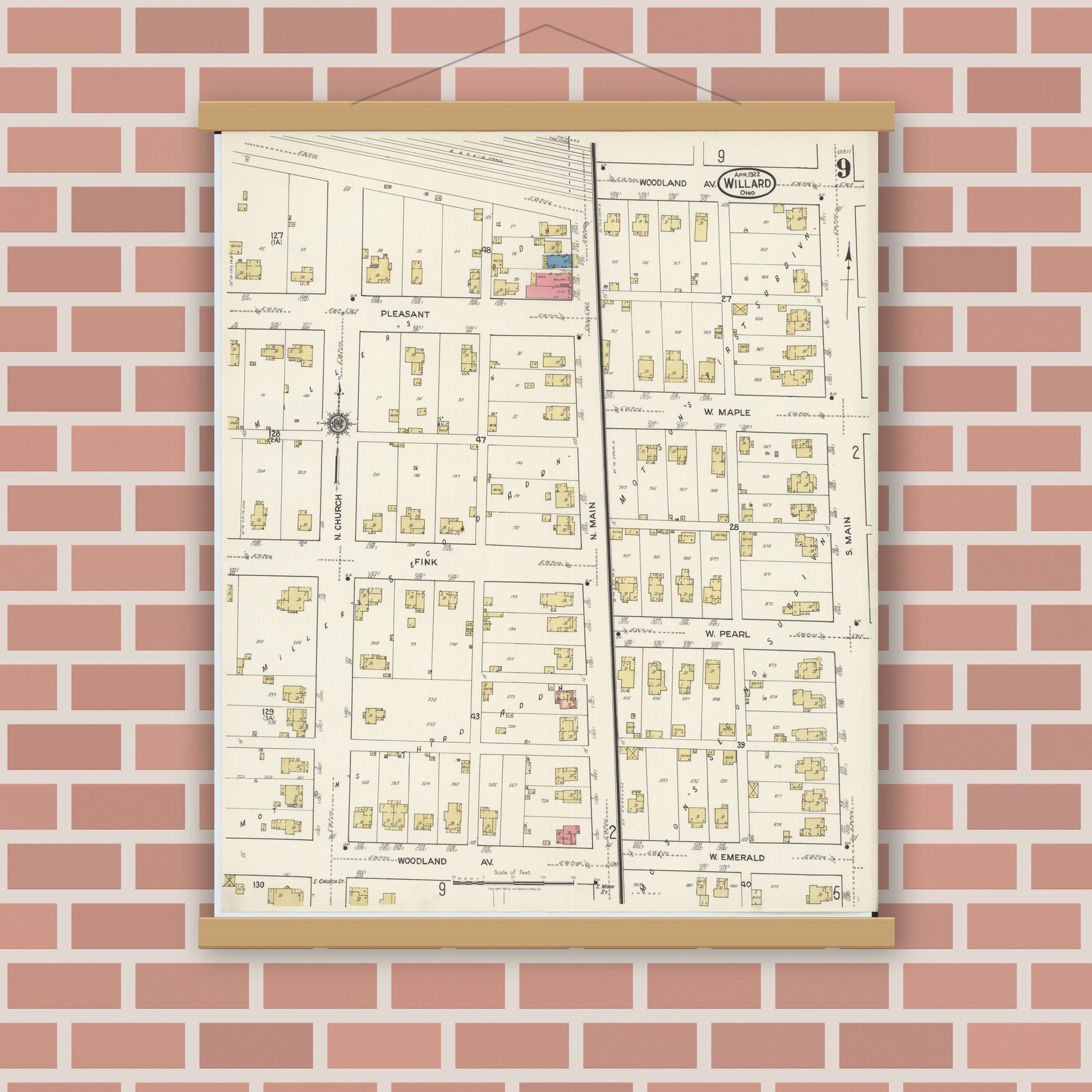 Old map wall art mockup — magnetic wood frame on brick wall — Sanborn Fire Insurance Map from Willard, Huron County, Ohio (1922), Sheet #0009