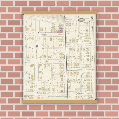 Old map wall art mockup — magnetic wood frame on brick wall — Sanborn Fire Insurance Map from Willard, Huron County, Ohio (1922), Sheet #0009