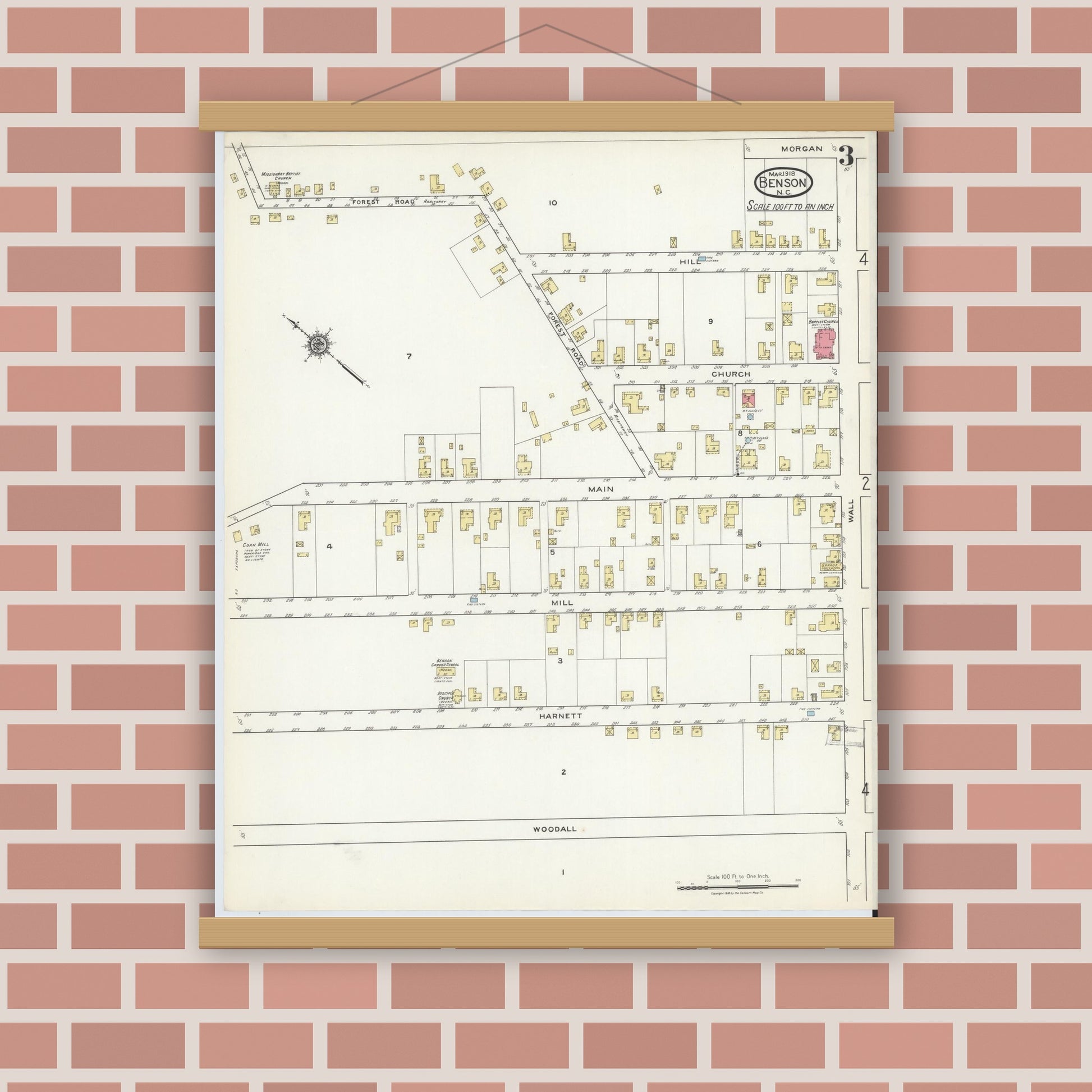 Old map wall art mockup — magnetic wood frame on brick wall — Sanborn Fire Insurance Map from Benson, Johnson County, North Carolina (1918), Sheet #0003