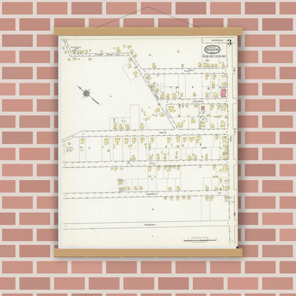 Old map wall art mockup — magnetic wood frame on brick wall — Sanborn Fire Insurance Map from Benson, Johnson County, North Carolina (1918), Sheet #0003