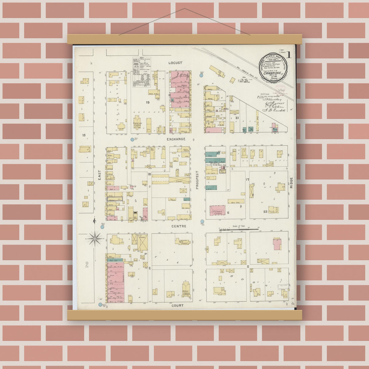 Old map wall art mockup — magnetic wood frame on brick wall — Sanborn Fire Insurance Map from Cambridge, Henry County, Illinois (1894) - Complete Map Set