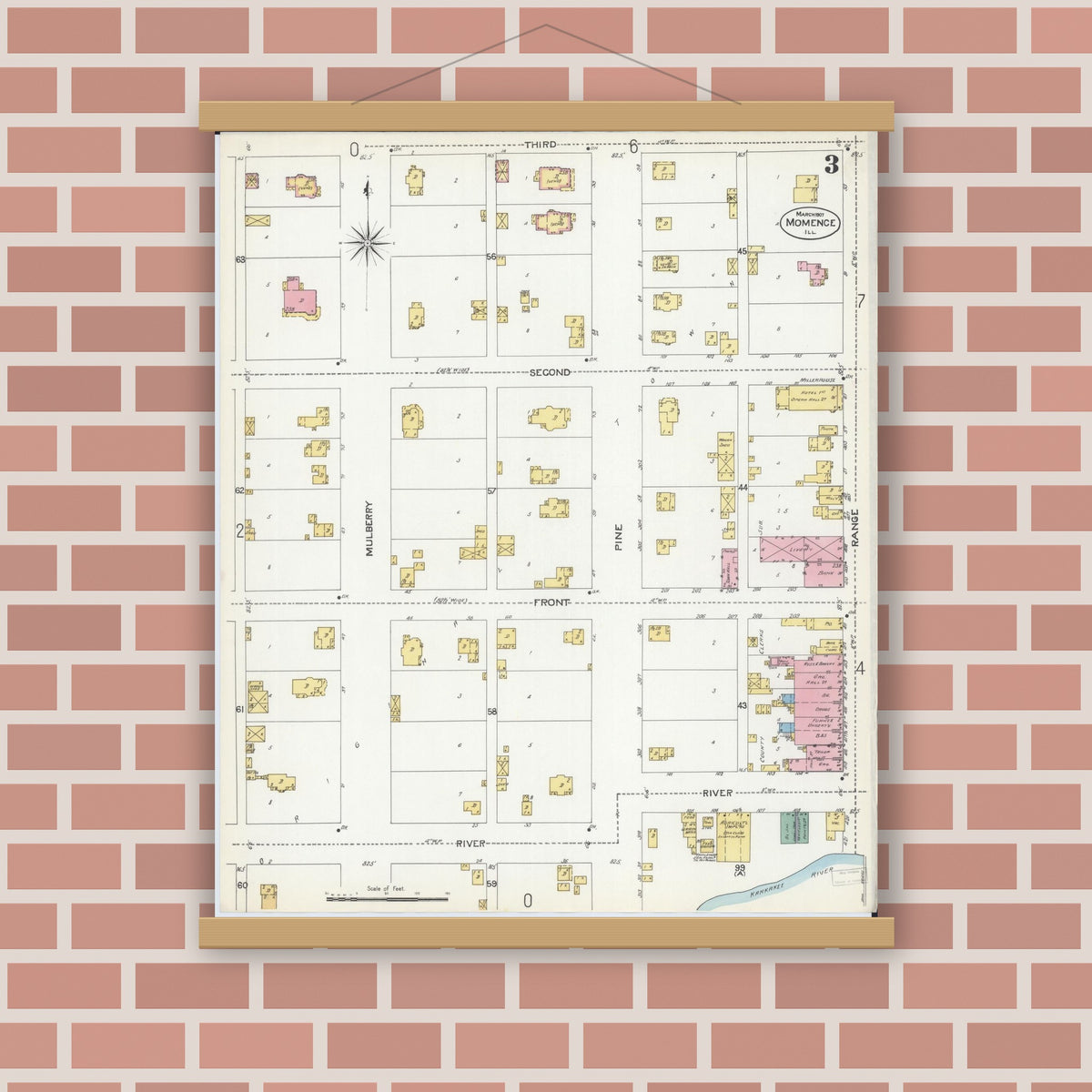 Old map wall art mockup — magnetic wood frame on brick wall — Sanborn Fire Insurance Map from Momence, Kankakee County, Illinois (1907), Sheet #0003