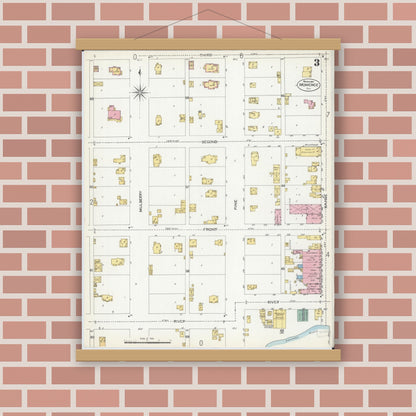 Old map wall art mockup — magnetic wood frame on brick wall — Sanborn Fire Insurance Map from Momence, Kankakee County, Illinois (1907), Sheet #0003