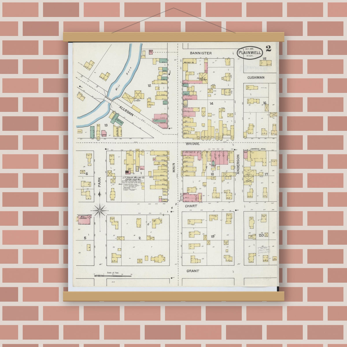 Old map wall art mockup — magnetic wood frame on brick wall — Sanborn Fire Insurance Map from Plainwell, Allegan County, Michigan (1892), Sheet #0002