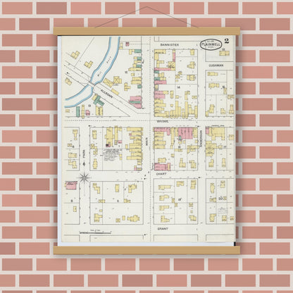 Old map wall art mockup — magnetic wood frame on brick wall — Sanborn Fire Insurance Map from Plainwell, Allegan County, Michigan (1892), Sheet #0002