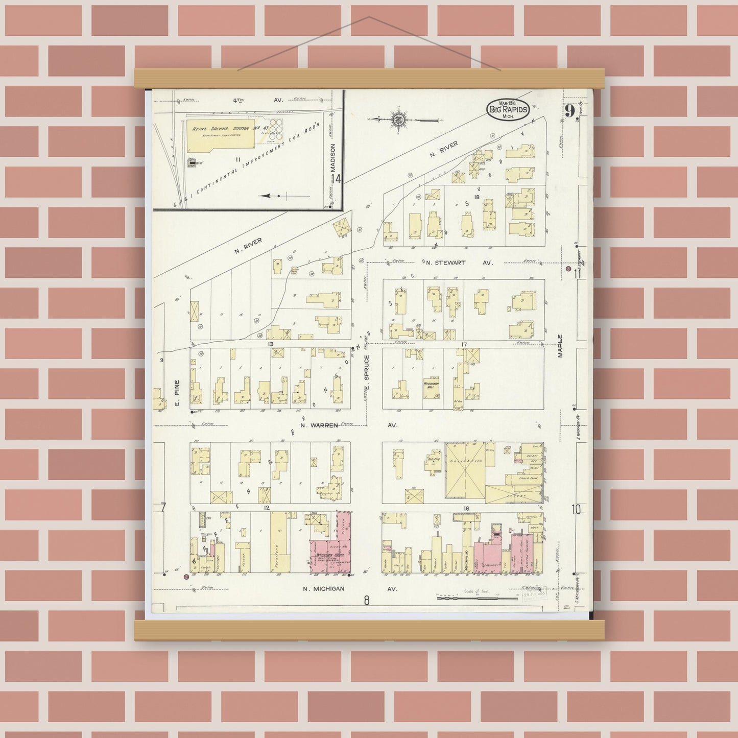 Old map wall art mockup — magnetic wood frame on brick wall — Sanborn Fire Insurance Map from Big Rapids, Mecosta County, Michigan (1914), Sheet #0009
