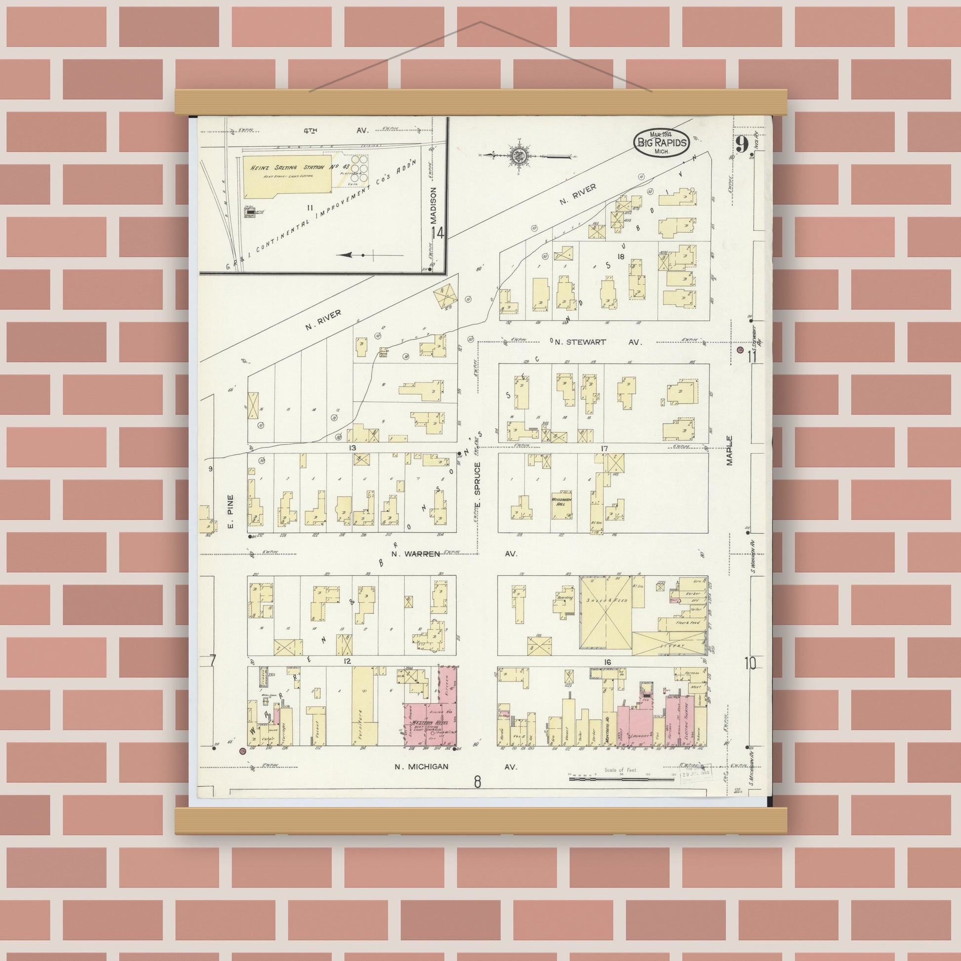 Old map wall art mockup — magnetic wood frame on brick wall — Sanborn Fire Insurance Map from Big Rapids, Mecosta County, Michigan (1914), Sheet #0009