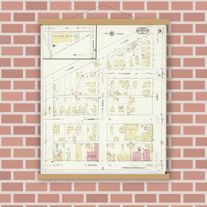 Old map wall art mockup — magnetic wood frame on brick wall — Sanborn Fire Insurance Map from Big Rapids, Mecosta County, Michigan (1914), Sheet #0009