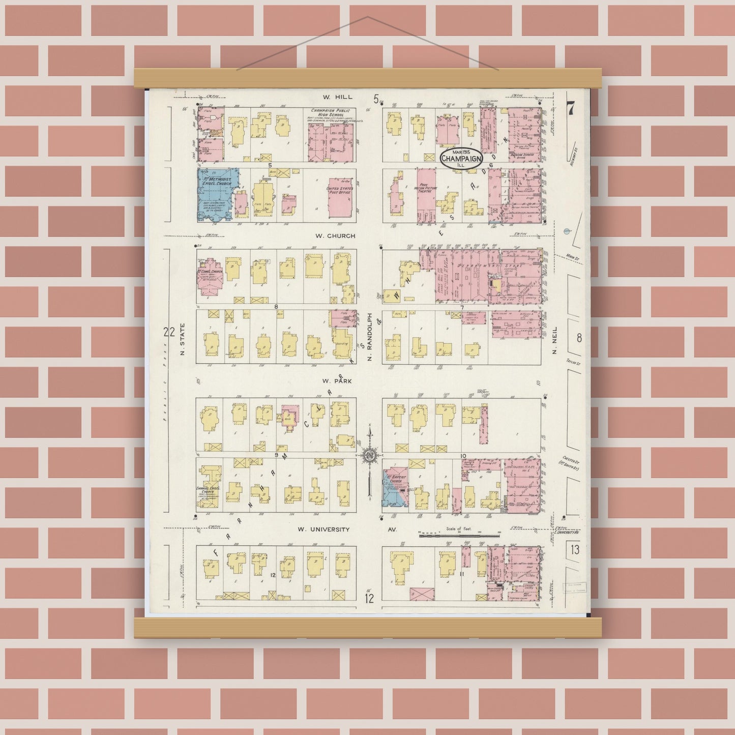 Old map wall art mockup — magnetic wood frame on brick wall — Sanborn Fire Insurance Map from Champaign, Champaign County, Illinois (1915), Sheet #0007
