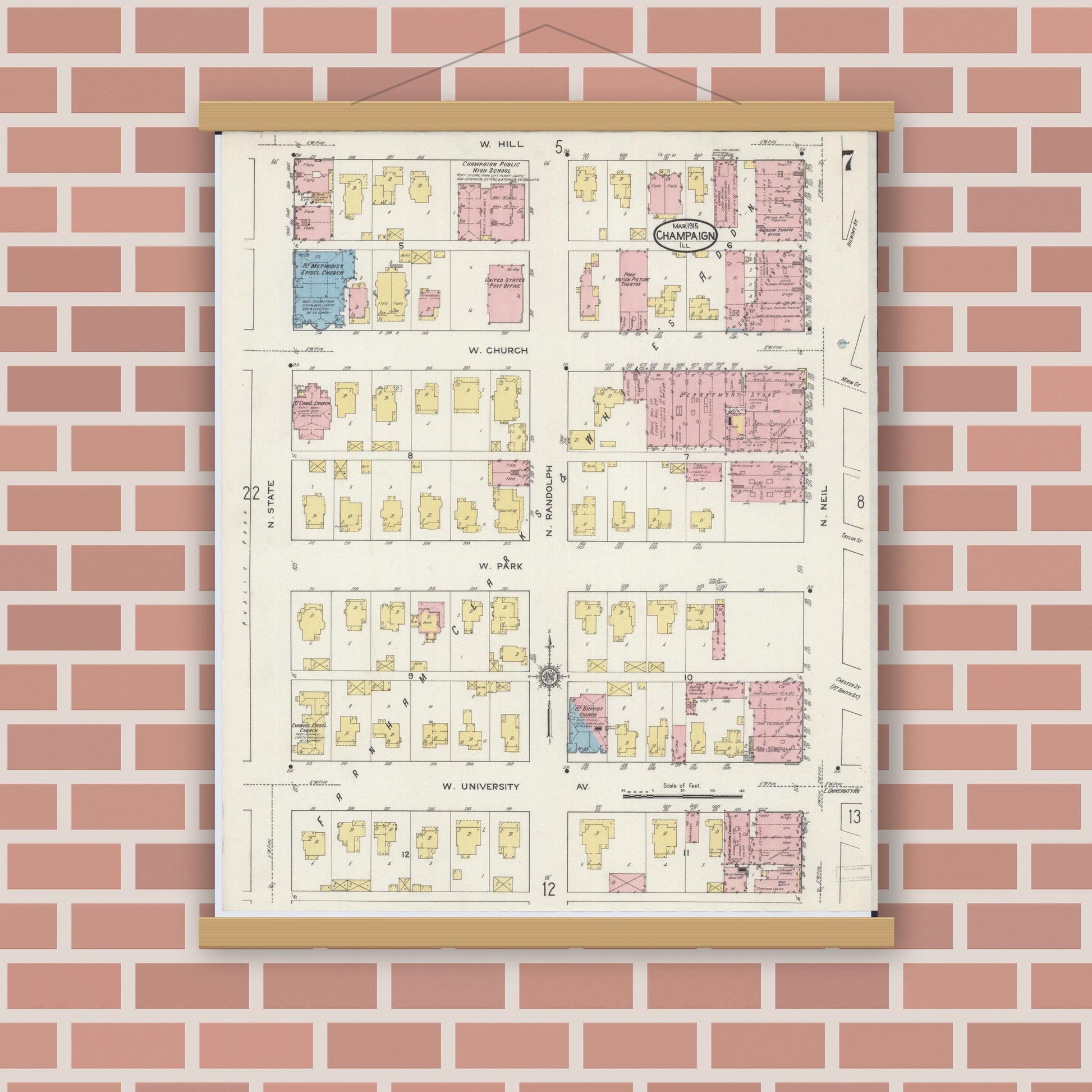 Old map wall art mockup — magnetic wood frame on brick wall — Sanborn Fire Insurance Map from Champaign, Champaign County, Illinois (1915), Sheet #0007