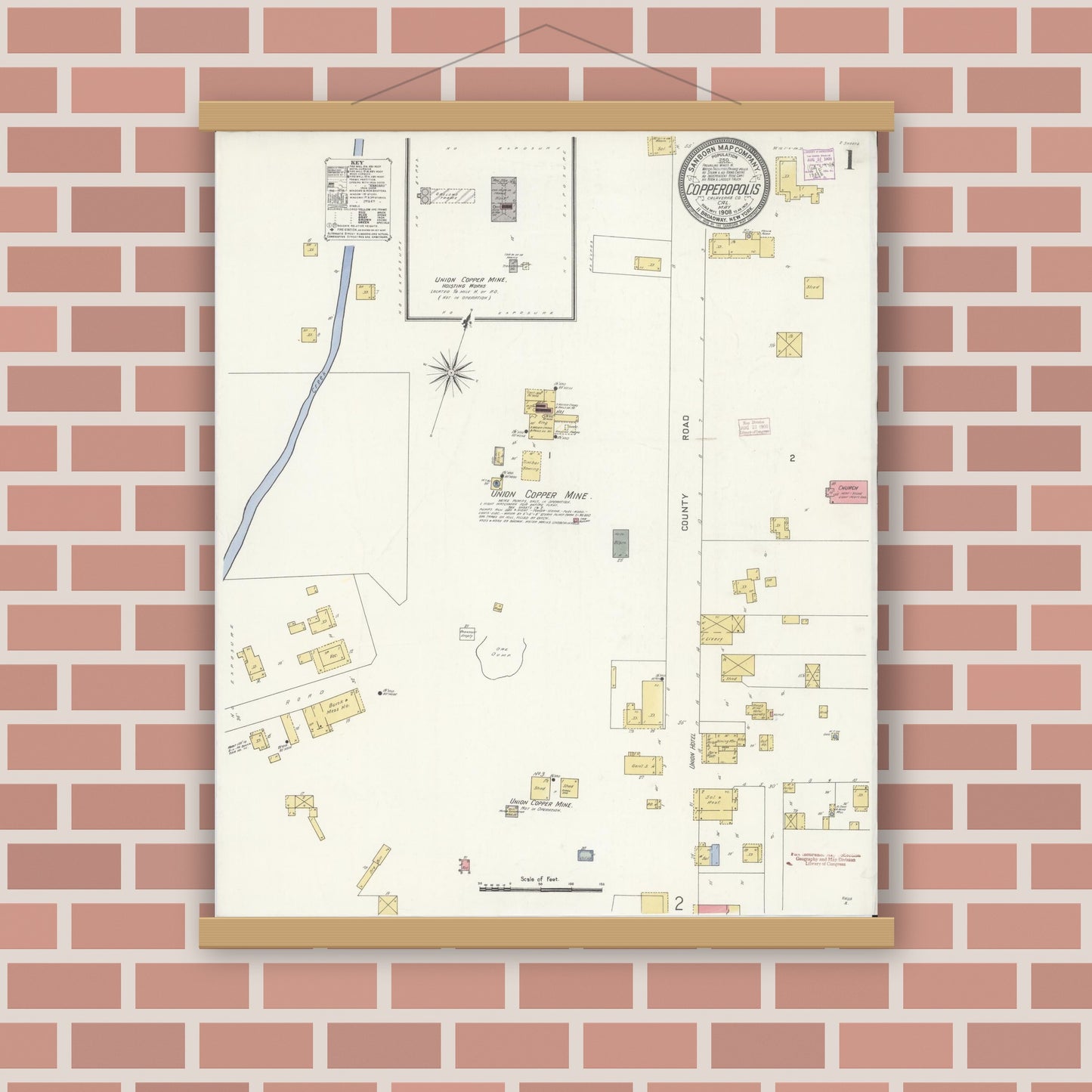 Old map wall art mockup — magnetic wood frame on brick wall — Sanborn Fire Insurance Map from Copperopolis, Calaveras County, California (1908) - Complete Map Set