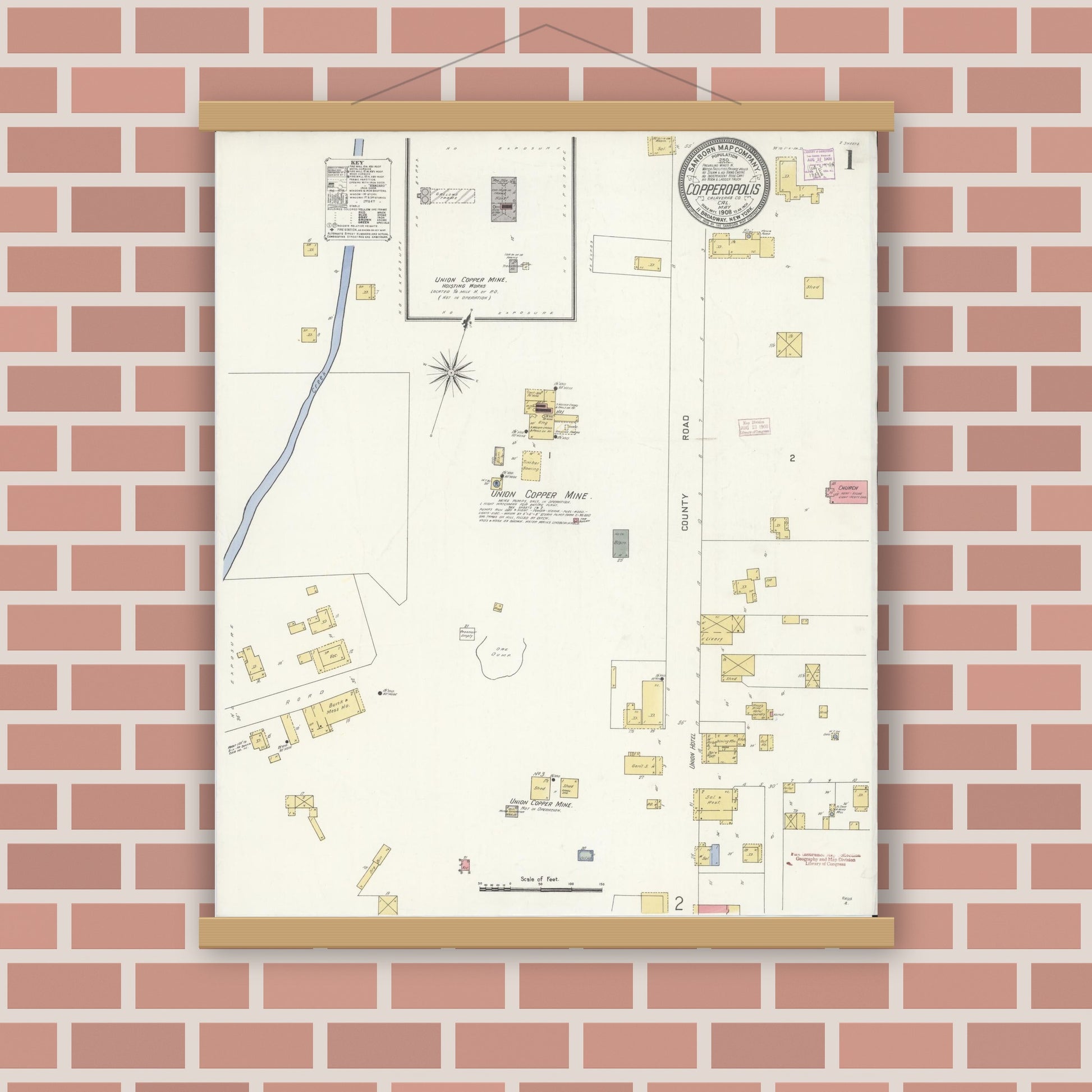 Old map wall art mockup — magnetic wood frame on brick wall — Sanborn Fire Insurance Map from Copperopolis, Calaveras County, California (1908) - Complete Map Set