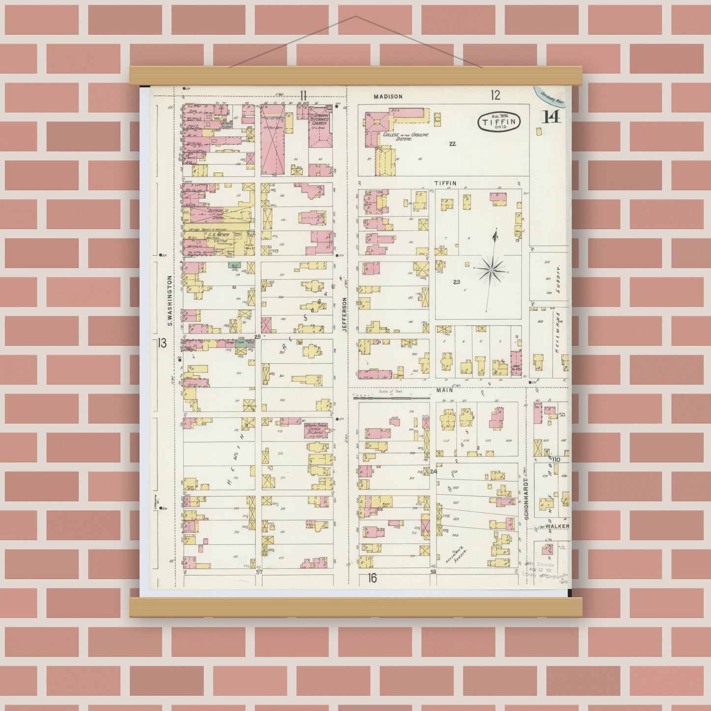 Old map wall art mockup — magnetic wood frame on brick wall — Sanborn Fire Insurance Map from Tiffin, Seneca County, Ohio (1896), Sheet #0014