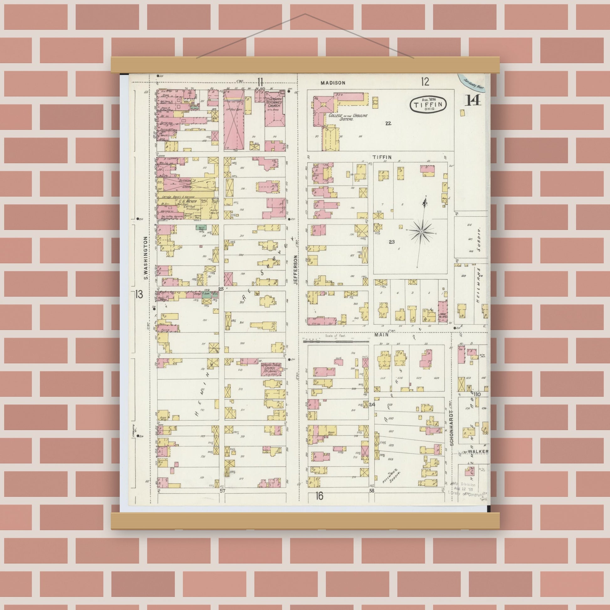 Old map wall art mockup — magnetic wood frame on brick wall — Sanborn Fire Insurance Map from Tiffin, Seneca County, Ohio (1896), Sheet #0014