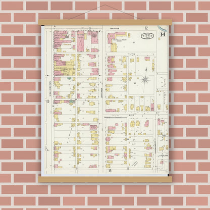 Old map wall art mockup — magnetic wood frame on brick wall — Sanborn Fire Insurance Map from Tiffin, Seneca County, Ohio (1896), Sheet #0014